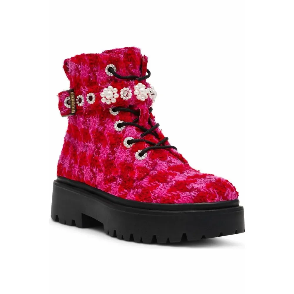 Betsey Johnson Hethr Girls Platform Boots Fuchsia Tweed Pearl Size 2 $79 NWOB
